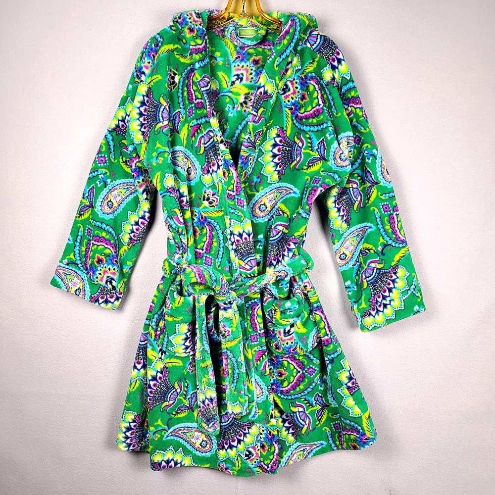 Vera Bradley Emerald Green Paisley Hooded Robe Short Plush Womens S/M Pockets